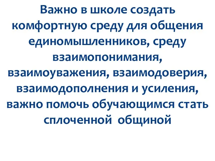 Важно в школе создать комфортную среду для общения единомышленников, среду взаимопонимания,