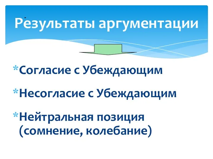 Согласие с Убеждающим Несогласие с Убеждающим Нейтральная позиция (сомнение, колебание) Результаты аргументации