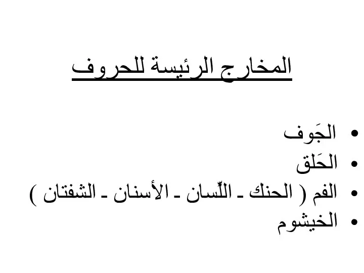 المخارج الرئيسة للحروف الجَوف الحَلق الفم ( الحنك ـ اللِّسان ـ الأسنان ـ الشفتان ) الخيشوم