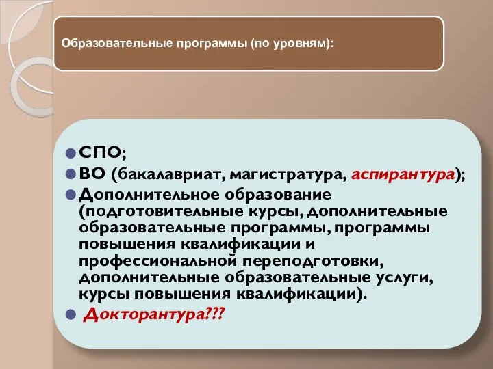 Образовательные программы (по уровням): СПО; ВО (бакалавриат, магистратура, аспирантура); Дополнительное образование