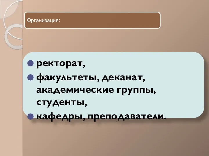 Организация: ректорат, факультеты, деканат, академические группы, студенты, кафедры, преподаватели.