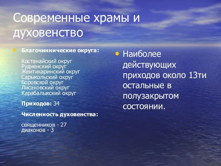 Современные храмы и духовенство Благочиннические округа: Костанайский округ Рудненский округ Жеитикаринский