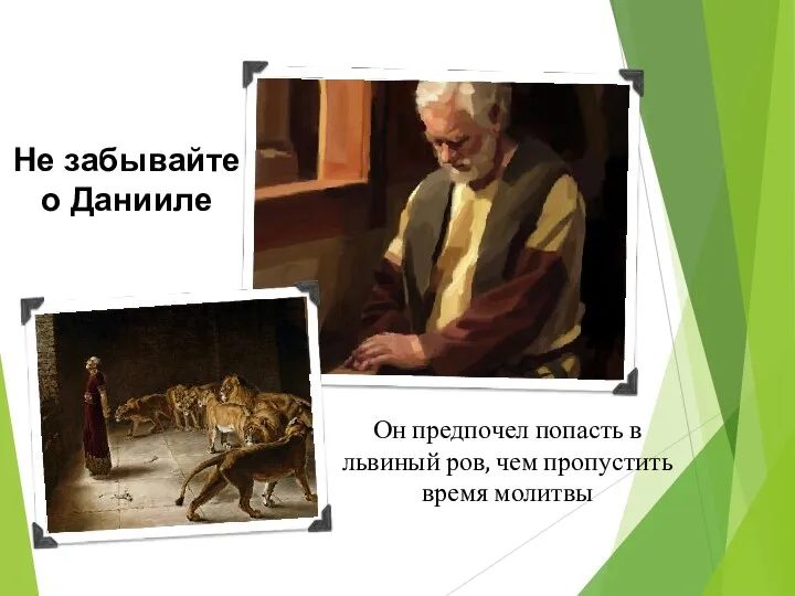 Не забывайте о Данииле Он предпочел попасть в львиный ров, чем пропустить время молитвы