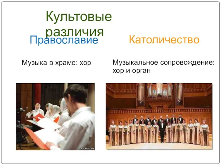 Культовые различия Православие Католичество Музыка в храме: хор Музыкальное сопровождение: хор и орган