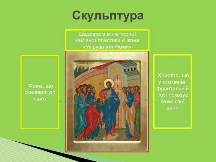 Скульптура Шедевром мініатюрної кам'яної пластики є ікона «Увірування Фоми» Христос, що