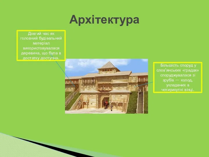 Архітектура Довгий час як головний будівельний матеріал використовувалася деревина, що була