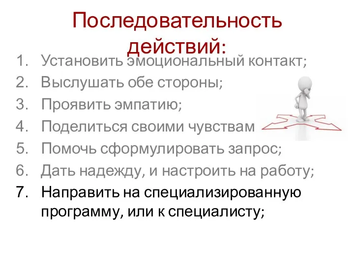 Последовательность действий: Установить эмоциональный контакт; Выслушать обе стороны; Проявить эмпатию; Поделиться