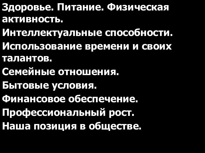 Здоровье. Питание. Физическая активность. Интеллектуальные способности. Использование времени и своих талантов.