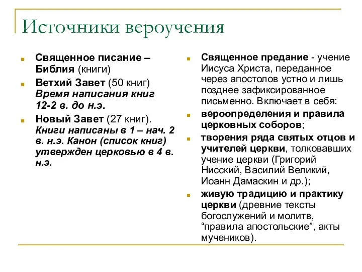 Источники вероучения Священное писание – Библия (книги) Ветхий Завет (50 книг)