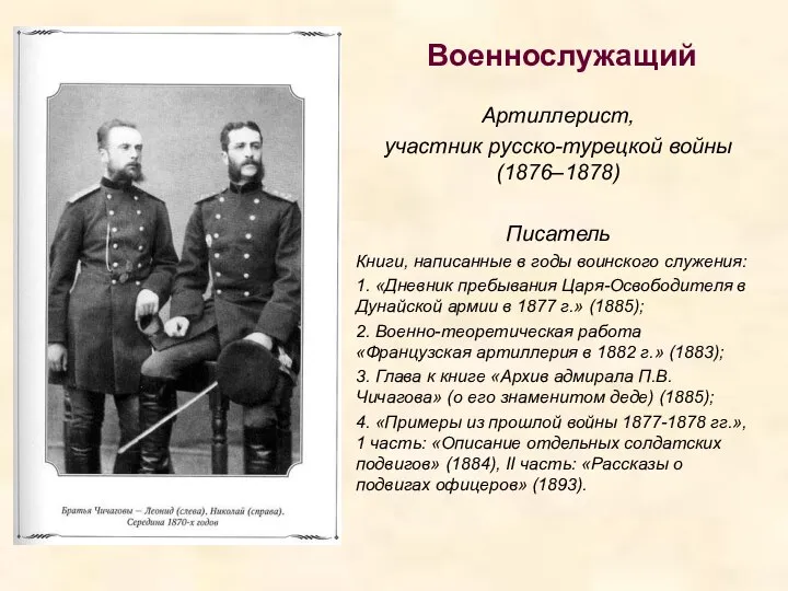 Военнослужащий Артиллерист, участник русско-турецкой войны (1876–1878) Писатель Книги, написанные в годы