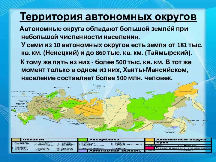 Территория автономных округов Автономные округа обладают большой землёй при небольшой численности