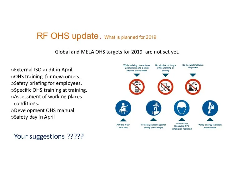 RF OHS update. What is planned for 2019 External ISO audit