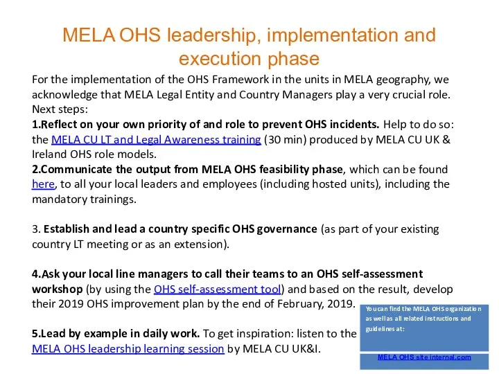 MELA OHS leadership, implementation and execution phase For the implementation of