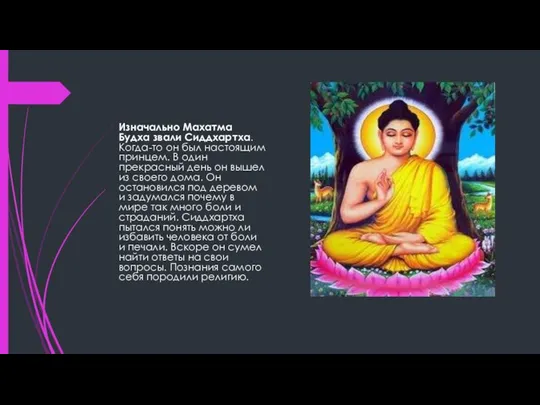 Изначально Махатма Будха звали Сиддхартха. Когда-то он был настоящим принцем. В