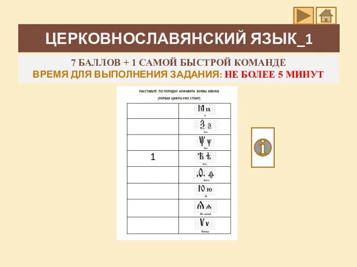 ЦЕРКОВНОСЛАВЯНСКИЙ ЯЗЫК_1 7 БАЛЛОВ + 1 САМОЙ БЫСТРОЙ КОМАНДЕ ВРЕМЯ ДЛЯ