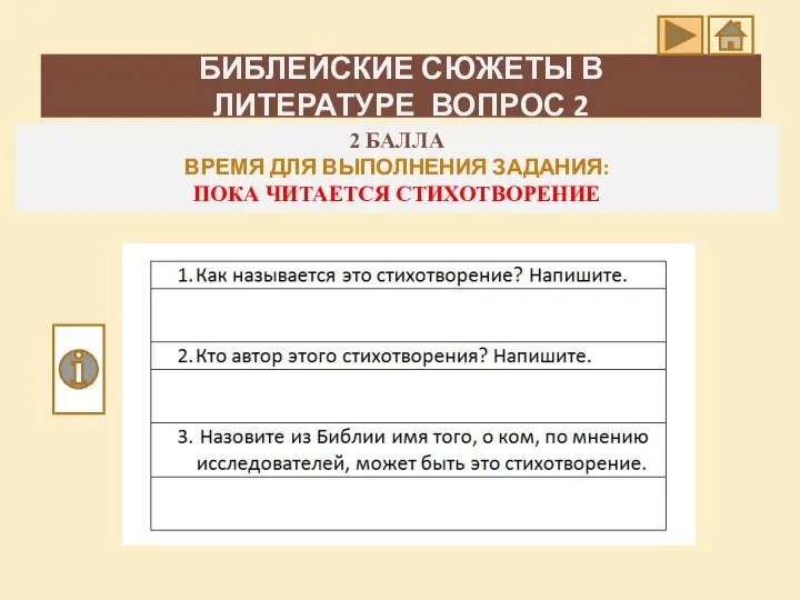 БИБЛЕЙСКИЕ СЮЖЕТЫ В ЛИТЕРАТУРЕ_ВОПРОС 2 2 БАЛЛА ВРЕМЯ ДЛЯ ВЫПОЛНЕНИЯ ЗАДАНИЯ: ПОКА ЧИТАЕТСЯ СТИХОТВОРЕНИЕ