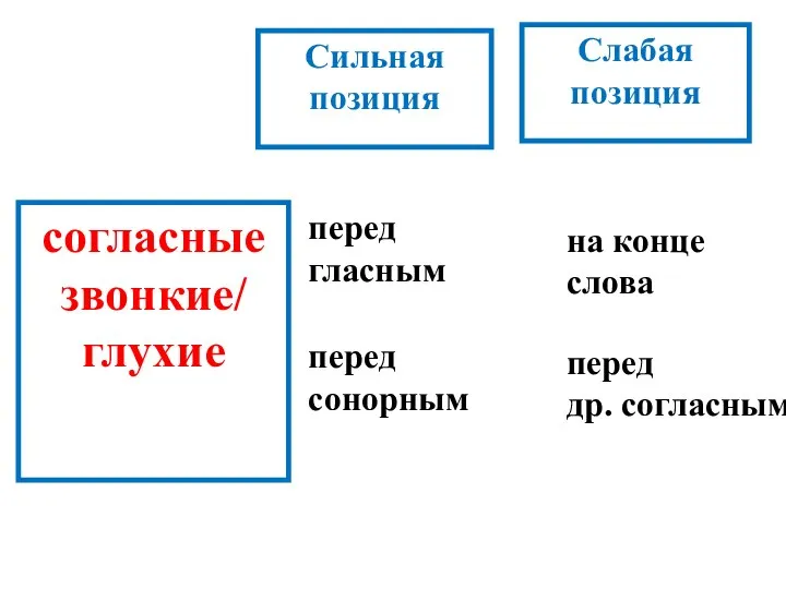 Сильная позиция Слабая позиция согласные звонкие/ глухие перед гласным перед сонорным