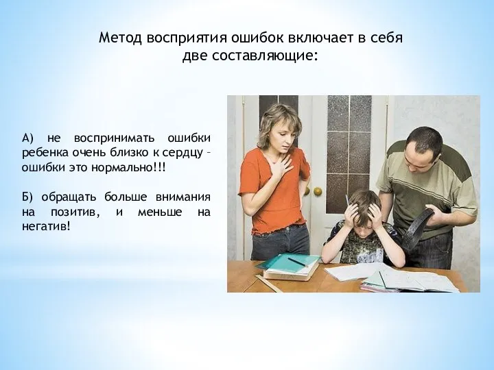 Метод восприятия ошибок включает в себя две составляющие: А) не воспринимать