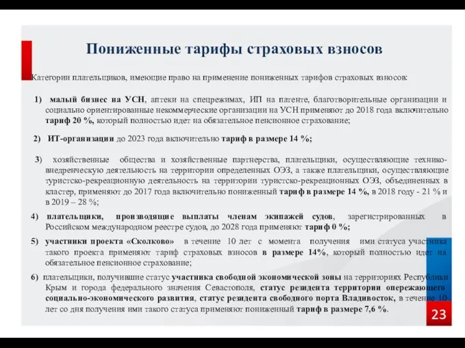 Пониженные тарифы страховых взносов Категории плательщиков, имеющие право на применение пониженных