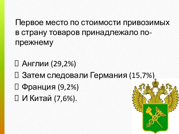 Первое место по стоимости привозимых в страну товаров принадлежало по-прежнему Англии