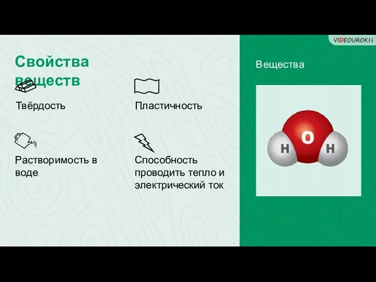 Свойства веществ Вещества Твёрдость Пластичность Растворимость в воде Способность проводить тепло и электрический ток