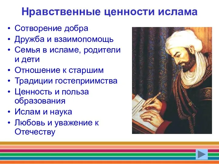 Нравственные ценности ислама Сотворение добра Дружба и взаимопомощь Семья в исламе,