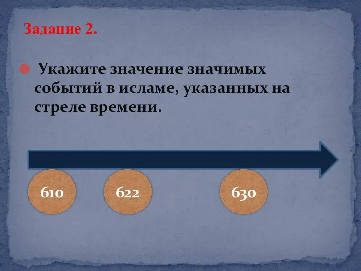 Задание 2. Укажите значение значимых событий в исламе, указанных на стреле времени. 610 622 630