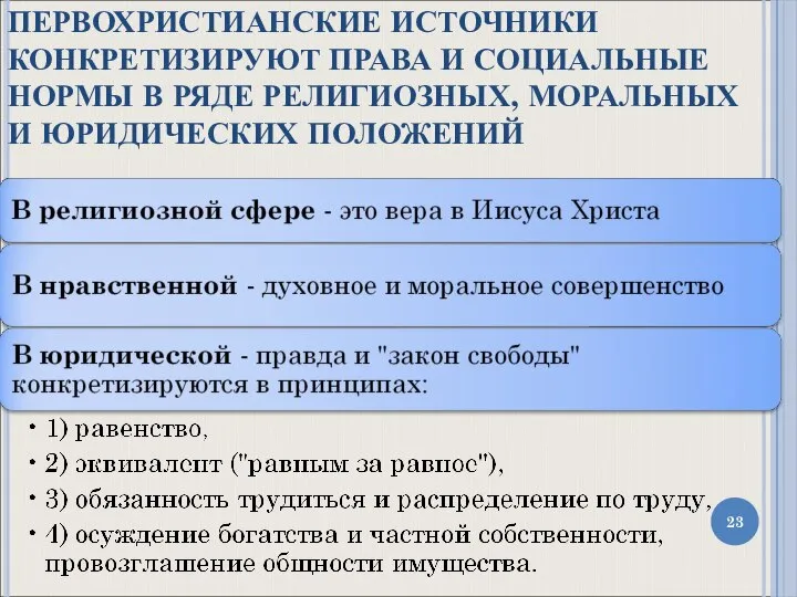 ПЕРВОХРИСТИАНСКИЕ ИСТОЧНИКИ КОНКРЕТИЗИРУЮТ ПРАВА И СОЦИАЛЬНЫЕ НОРМЫ В РЯДЕ РЕЛИГИОЗНЫХ, МОРАЛЬНЫХ И ЮРИДИЧЕСКИХ ПОЛОЖЕНИЙ