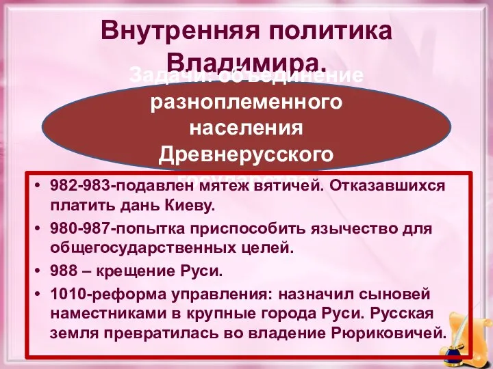 Внутренняя политика Владимира. Задачи: объединение разноплеменного населения Древнерусского государства. 982-983-подавлен мятеж