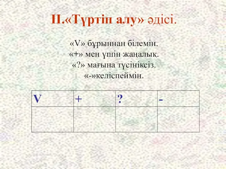 ІІ.«Түртіп алу» әдісі. «V» бұрыннан білемін. «+» мен үшін жаңалық. «?» мағына түсініксіз. «-»келіспеймін.