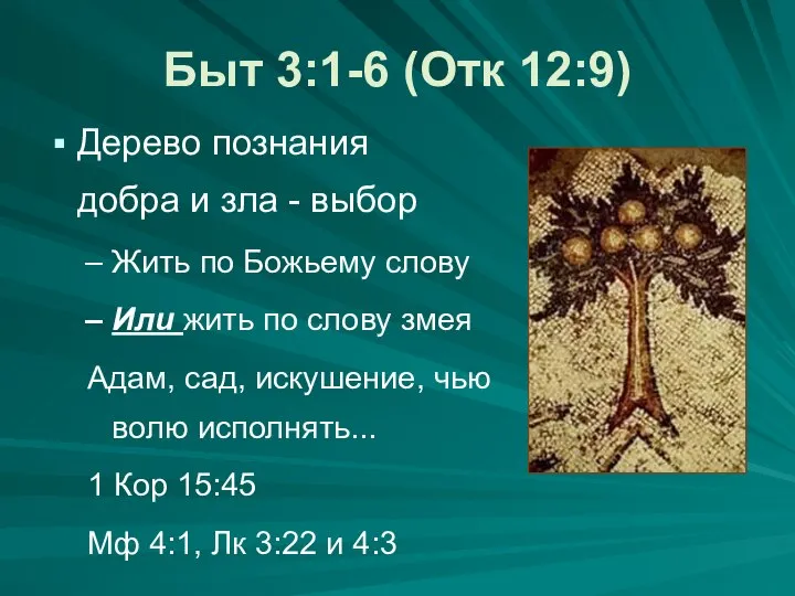 Быт 3:1-6 (Отк 12:9) Дерево познания добра и зла - выбор