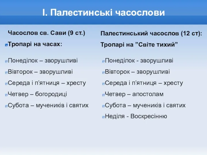 І. Палестинські часослови Часослов св. Сави (9 ст.) Тропарі на часах: