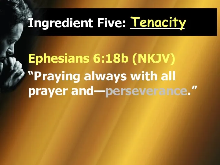 Ingredient Five: _______ Ephesians 6:18b (NKJV) “Praying always with all prayer and—perseverance.” Tenacity