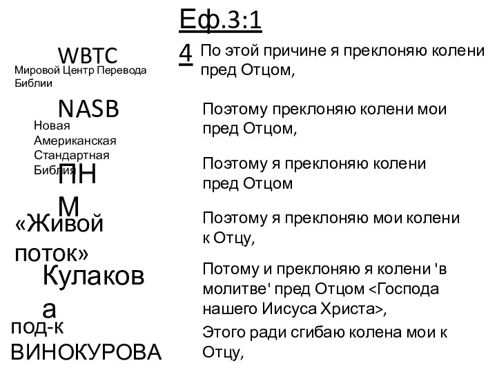 Еф.3:14 WBTC Мировой Центр Перевода Библии NASB Новая Американская Стандартная Библия