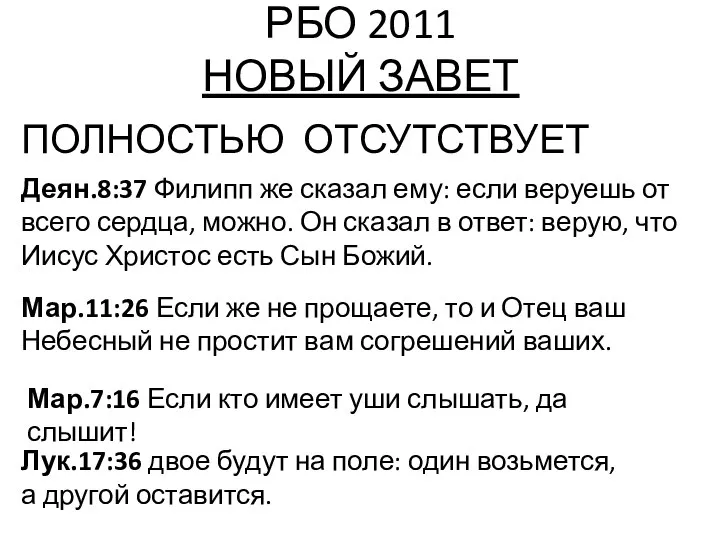 РБО 2011 НОВЫЙ ЗАВЕТ ПОЛНОСТЬЮ ОТСУТСТВУЕТ Деян.8:37 Филипп же сказал ему: