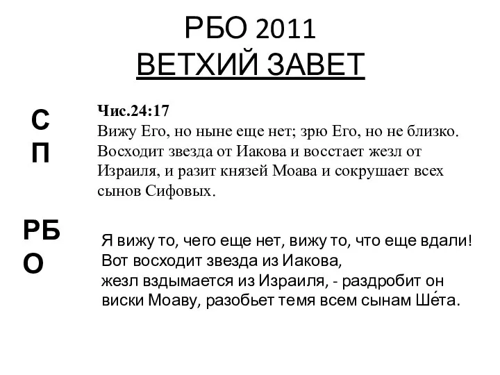 РБО 2011 ВЕТХИЙ ЗАВЕТ СП Чис.24:17 Вижу Его, но ныне еще