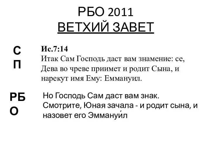 РБО 2011 ВЕТХИЙ ЗАВЕТ СП Ис.7:14 Итак Сам Господь даст вам