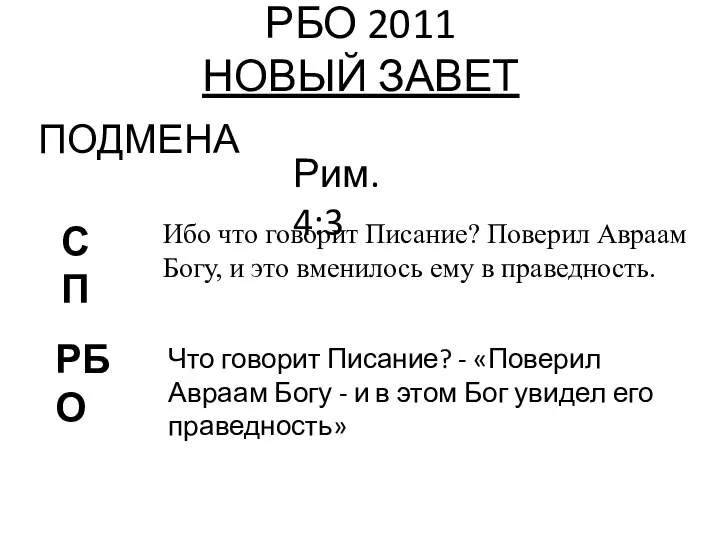 РБО 2011 НОВЫЙ ЗАВЕТ ПОДМЕНА Ибо что говорит Писание? Поверил Авраам