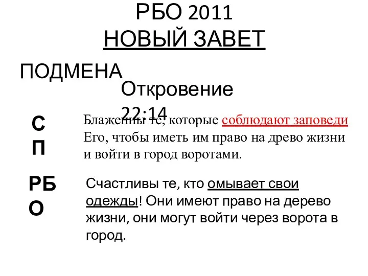 РБО 2011 НОВЫЙ ЗАВЕТ ПОДМЕНА Блаженны те, которые соблюдают заповеди Его,