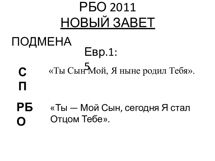 РБО 2011 НОВЫЙ ЗАВЕТ ПОДМЕНА «Ты Сын Мой, Я ныне родил