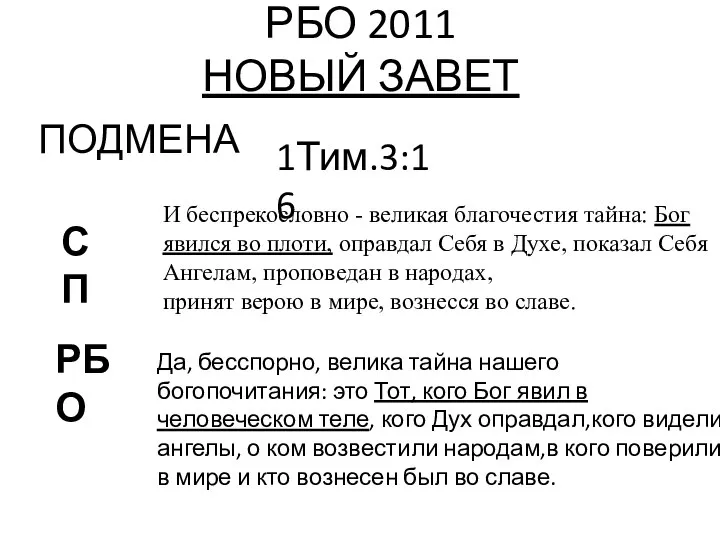 РБО 2011 НОВЫЙ ЗАВЕТ ПОДМЕНА И беспрекословно - великая благочестия тайна: