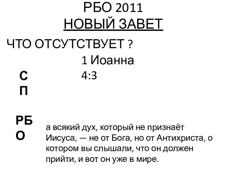 РБО 2011 НОВЫЙ ЗАВЕТ ЧТО ОТСУТСТВУЕТ ? 1 Иоанна 4:3 РБО