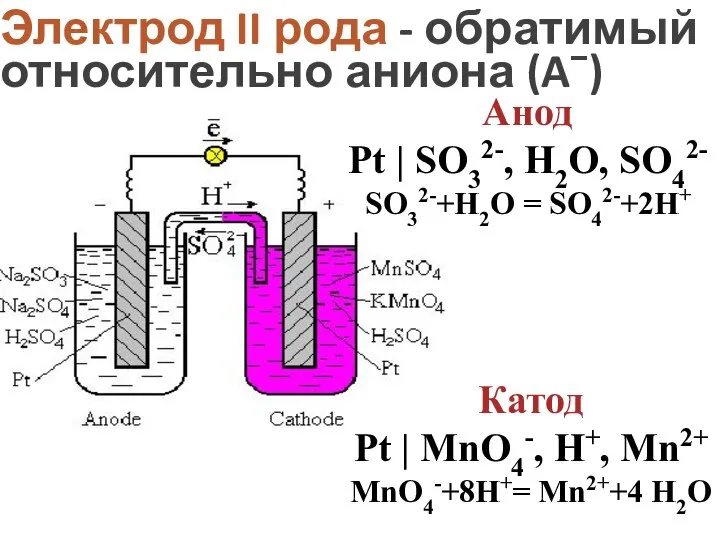 Электрод II рода - обратимый относительно аниона (A−) Анод Pt |
