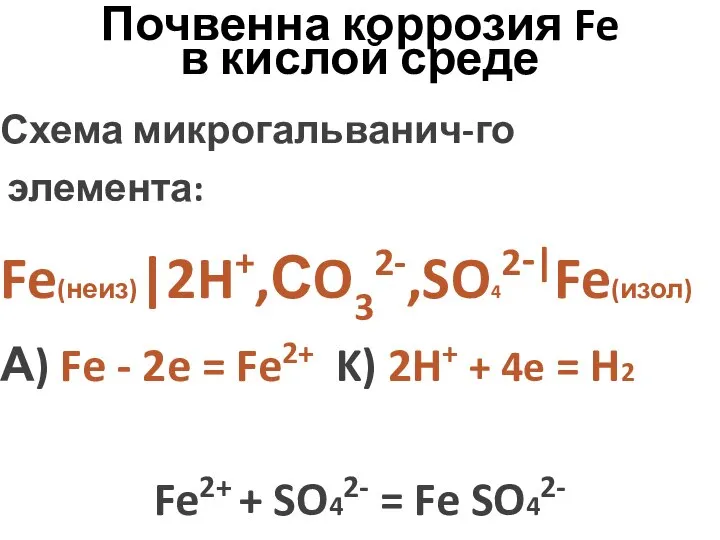 Почвенна коррозия Fe в кислой среде Схема микрогальванич-го элемента: Fe(неиз)|2H+,СO32-,SO42-|Fe(изол) А)