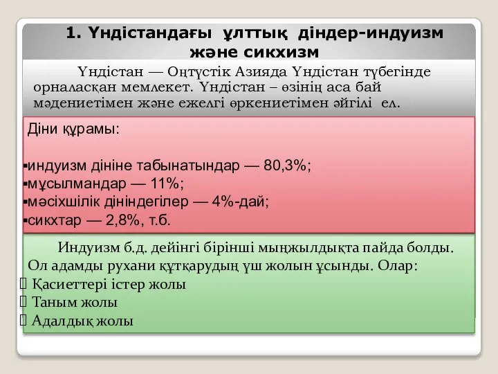 Үндістан — Оңтүстік Азияда Үндістан түбегінде орналасқан мемлекет. Үндістан – өзінің