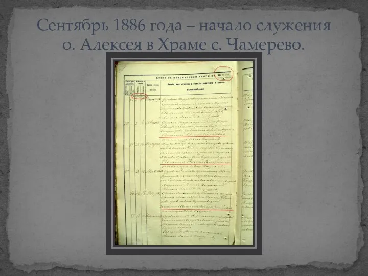 Сентябрь 1886 года – начало служения о. Алексея в Храме с. Чамерево.