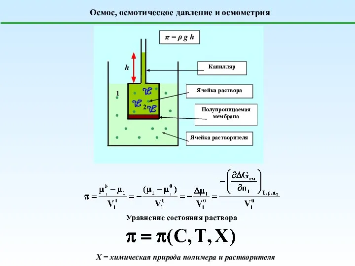 Осмос, осмотическое давление и осмометрия Уравнение состояния раствора Х = химическая природа полимера и растворителя