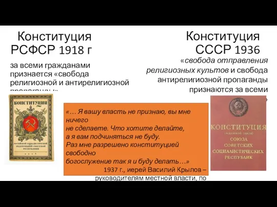 Конституция СССР 1936 за всеми гражданами признается «свобода религиозной и антирелигиозной