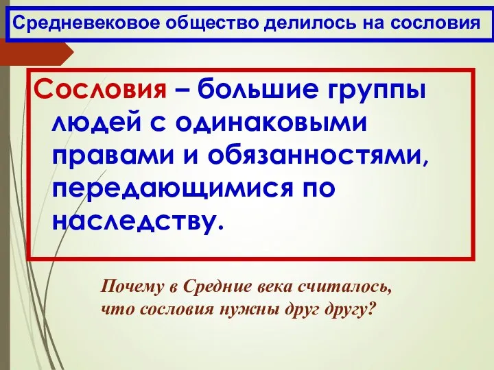 Сословия – большие группы людей с одинаковыми правами и обязанностями, передающимися