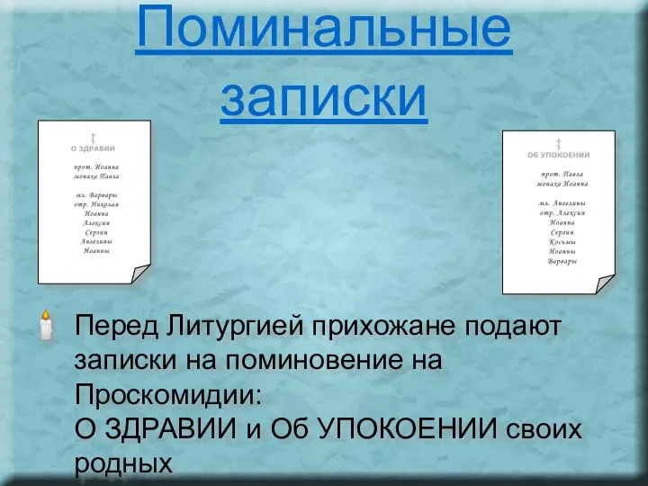 Поминальные записки Перед Литургией прихожане подают записки на поминовение на Проскомидии: